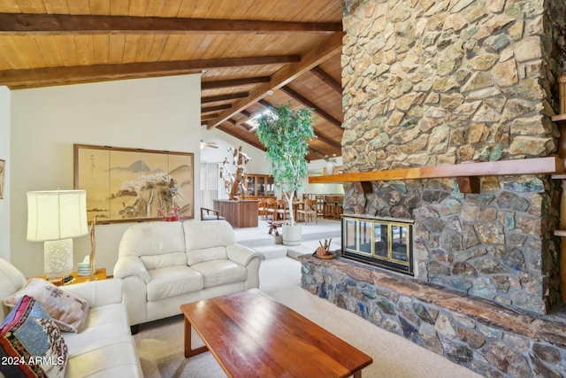 unfurnished living room featuring a fireplace, lofted ceiling with beams, carpet floors, and wood ceiling