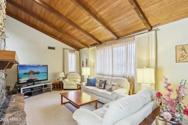 living room featuring carpet, beam ceiling, wooden ceiling, and high vaulted ceiling