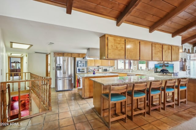 kitchen featuring beam ceiling, stainless steel fridge with ice dispenser, wood ceiling, kitchen peninsula, and exhaust hood