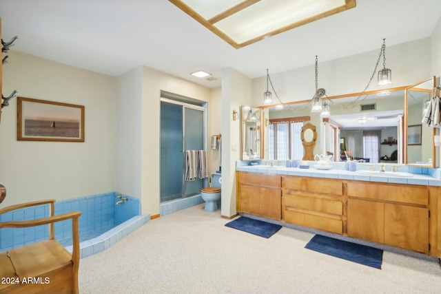 bathroom with vanity, toilet, and walk in shower