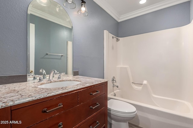 full bathroom featuring toilet, ornamental molding, shower / bath combination, and vanity