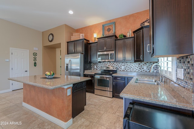 kitchen featuring backsplash, sink, dark brown cabinets, a kitchen island, and stainless steel appliances