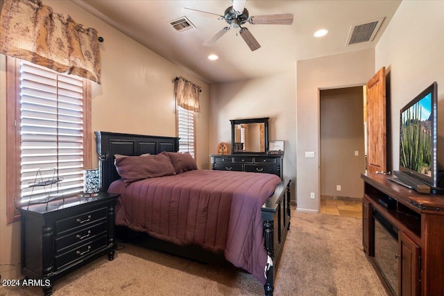 bedroom featuring a ceiling fan, recessed lighting, visible vents, and light colored carpet