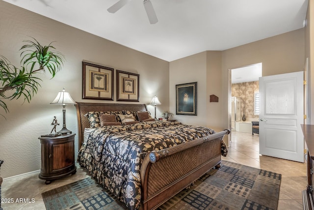 bedroom featuring light tile patterned floors, a ceiling fan, and baseboards