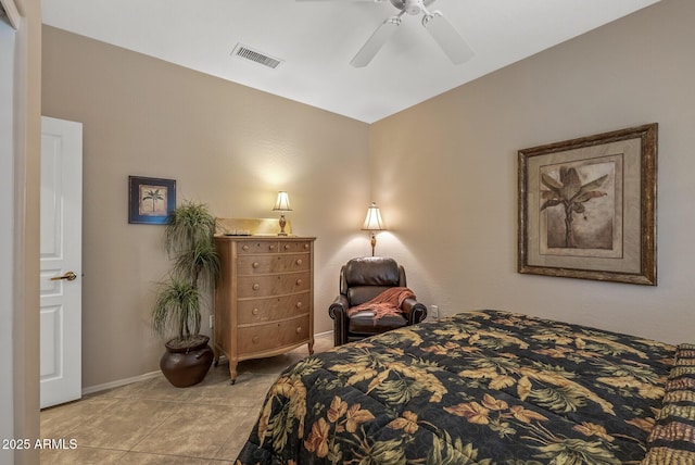 bedroom featuring a ceiling fan, light tile patterned flooring, visible vents, and baseboards