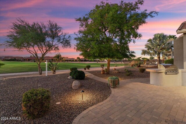 patio terrace at dusk featuring a yard, grilling area, and exterior kitchen