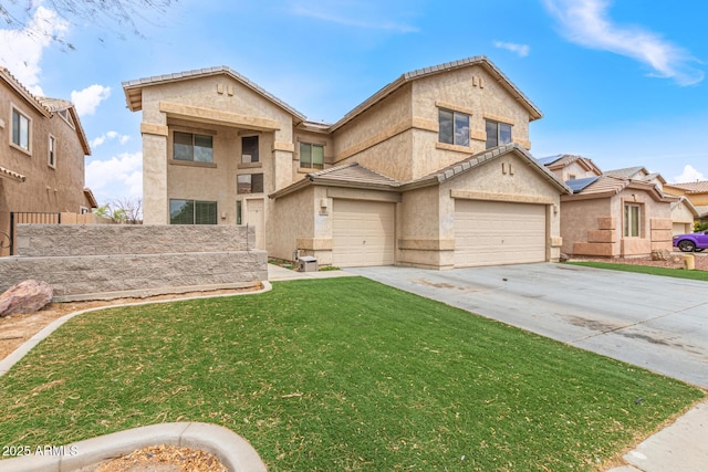 view of front of house featuring concrete driveway, stucco siding, a front yard, and a tile roof