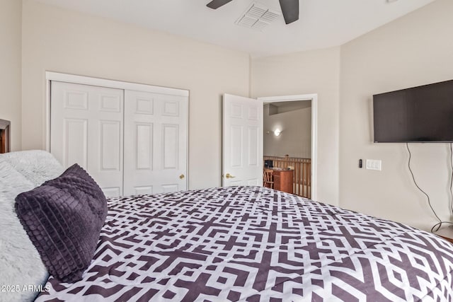 bedroom featuring a closet and ceiling fan