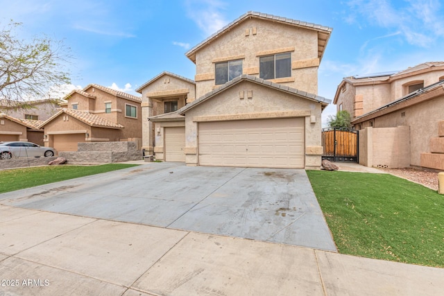 view of front of home featuring driveway, a gate, stucco siding, and a front lawn