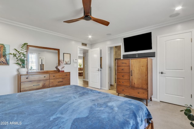 bedroom with light colored carpet, ceiling fan, and ornamental molding