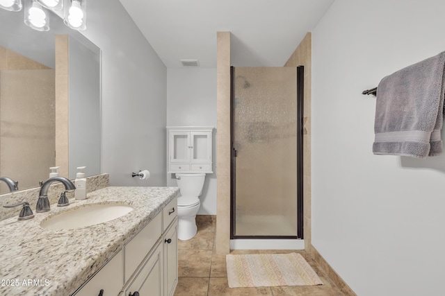 bathroom featuring a shower with shower door, toilet, vanity, and tile patterned flooring