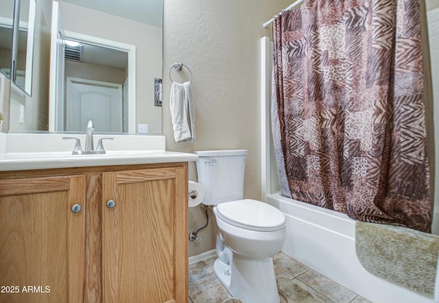 bathroom featuring visible vents, toilet, shower / tub combo with curtain, tile patterned floors, and vanity