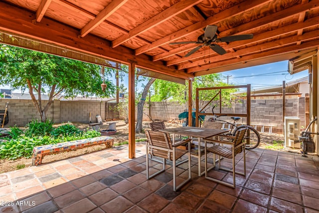 view of patio / terrace with a ceiling fan, outdoor dining space, and a fenced backyard