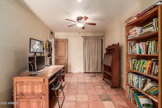 office space featuring visible vents and ceiling fan