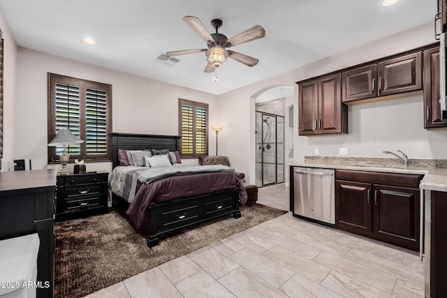 bedroom featuring arched walkways, recessed lighting, visible vents, a ceiling fan, and a sink