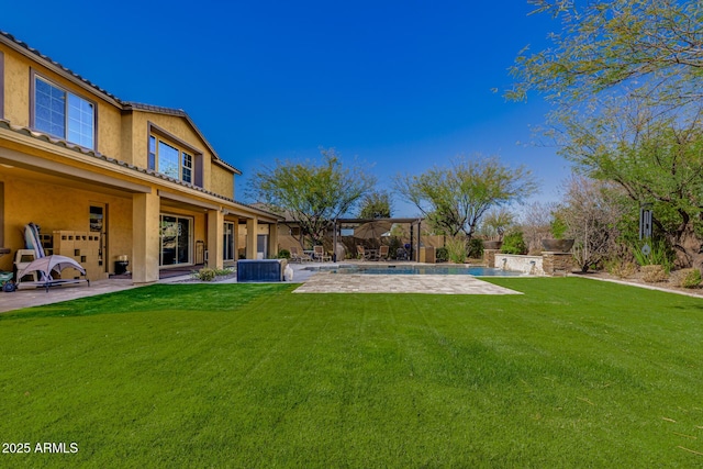 view of yard with cooling unit, an outdoor pool, and a patio