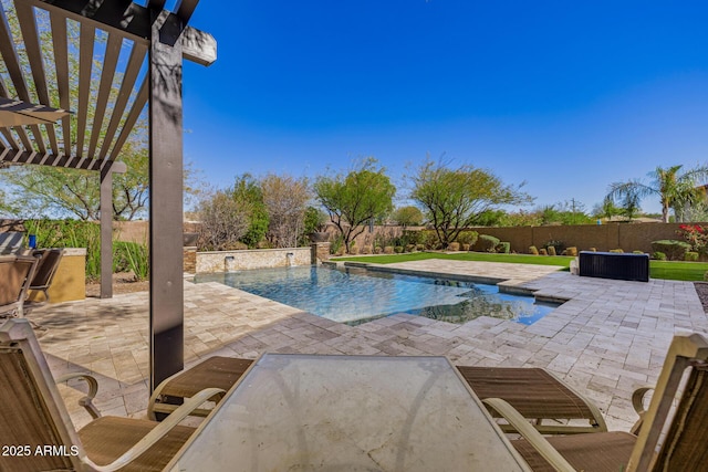 view of pool with a fenced in pool, a fenced backyard, a patio, and a pergola