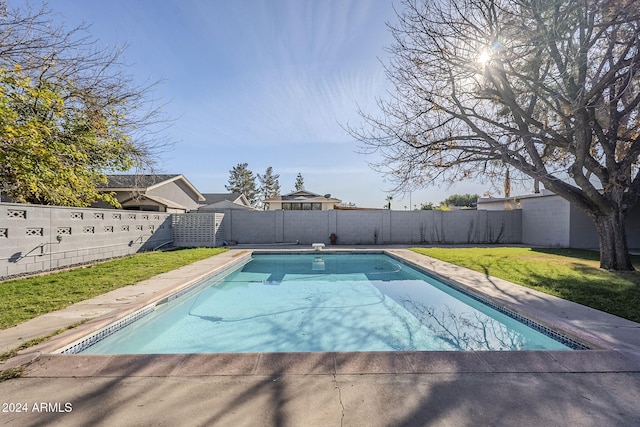 view of swimming pool featuring a yard