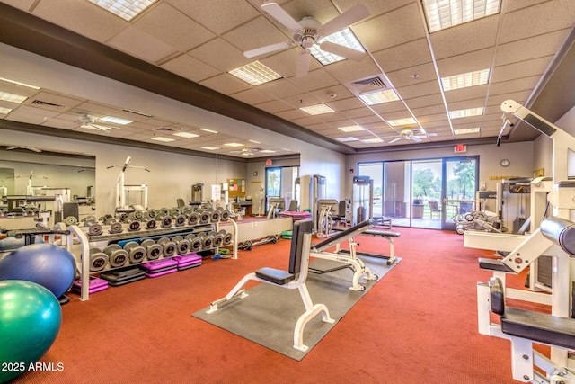 workout area with carpet flooring, a drop ceiling, and ceiling fan