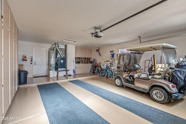 garage featuring a garage door opener and gas water heater