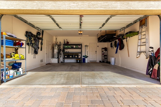 garage featuring a garage door opener and gas water heater