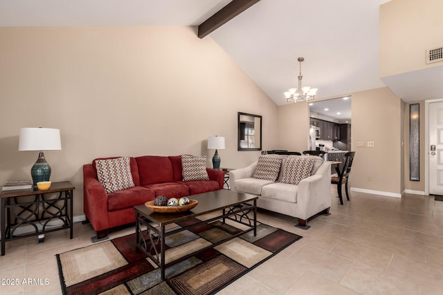 living room featuring baseboards, a chandelier, beamed ceiling, high vaulted ceiling, and light tile patterned flooring