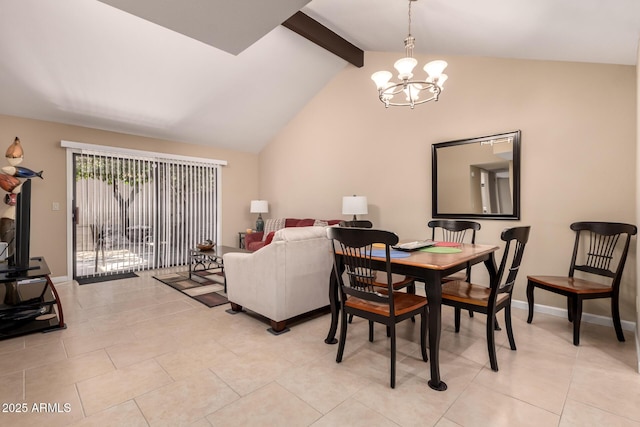 dining area with lofted ceiling with beams, baseboards, a chandelier, and light tile patterned flooring