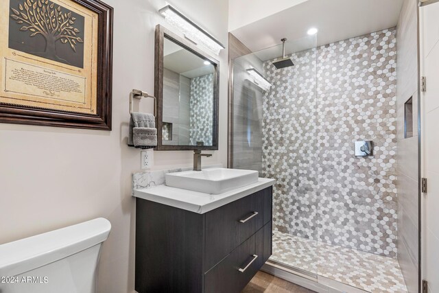 bathroom featuring tiled shower, toilet, and vanity