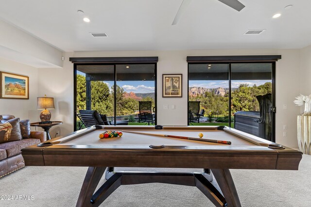 rec room with billiards, carpet flooring, and ceiling fan