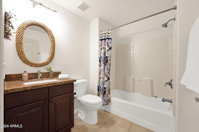 full bath featuring visible vents, toilet, shower / tub combo, tile patterned floors, and vanity