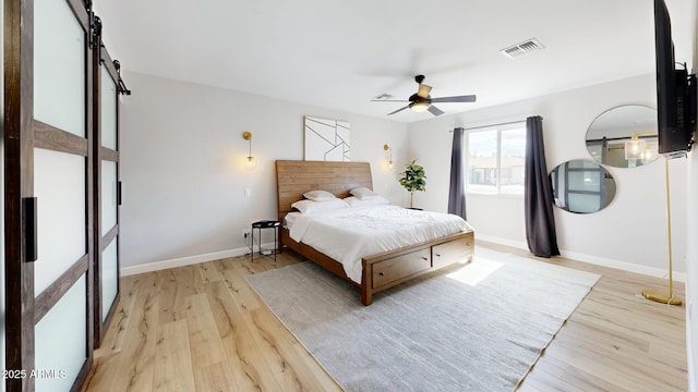 bedroom featuring ceiling fan and light wood-type flooring