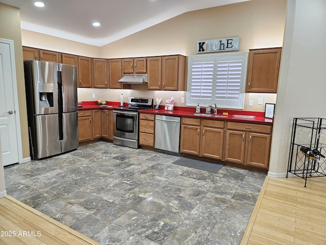 kitchen featuring lofted ceiling, stainless steel appliances, dark hardwood / wood-style flooring, and sink