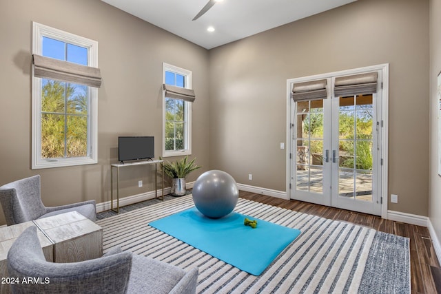 workout room with french doors, ceiling fan, and dark wood-type flooring