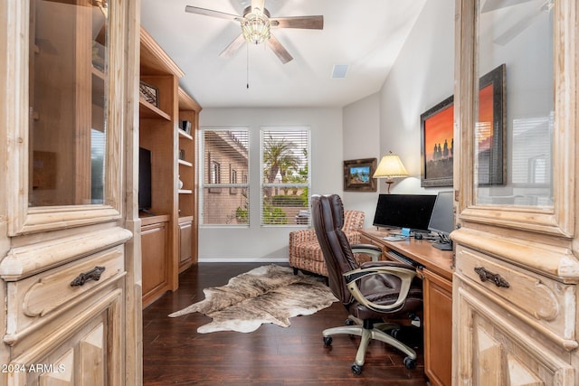 office area featuring dark hardwood / wood-style flooring and ceiling fan