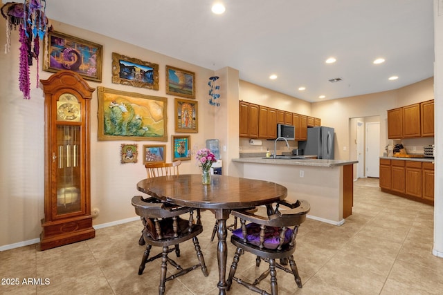 dining space featuring recessed lighting, visible vents, baseboards, and light tile patterned flooring