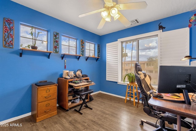 office featuring a ceiling fan, wood finished floors, visible vents, and baseboards