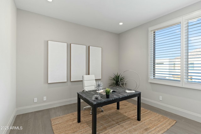 home office with recessed lighting, baseboards, and wood finished floors