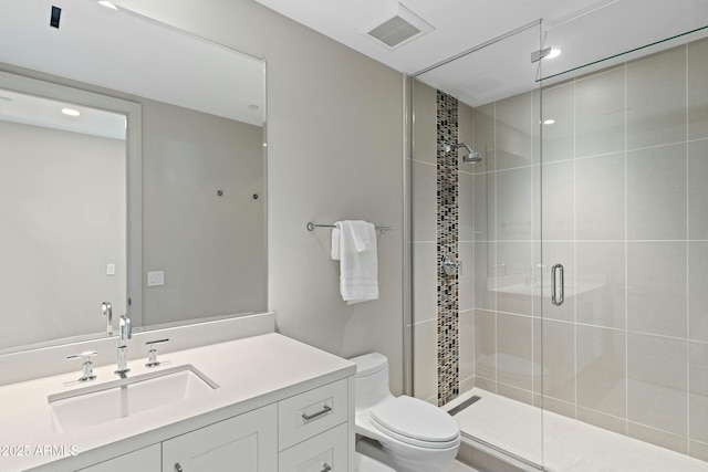 full bathroom with toilet, a shower stall, visible vents, and vanity