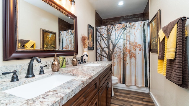 bathroom with vanity, toilet, and wood-type flooring