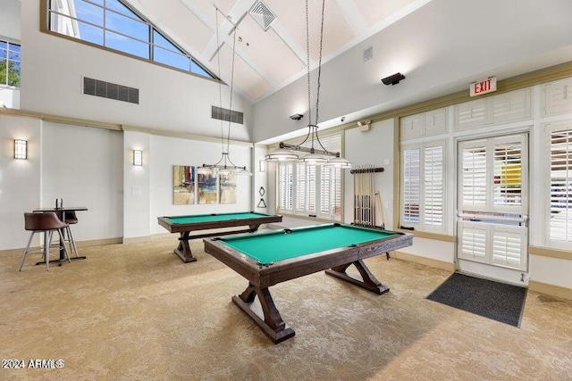 rec room featuring high vaulted ceiling, carpet flooring, and billiards