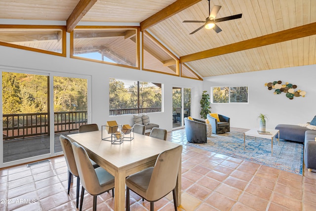 sunroom with vaulted ceiling with beams, a wealth of natural light, ceiling fan, and wooden ceiling