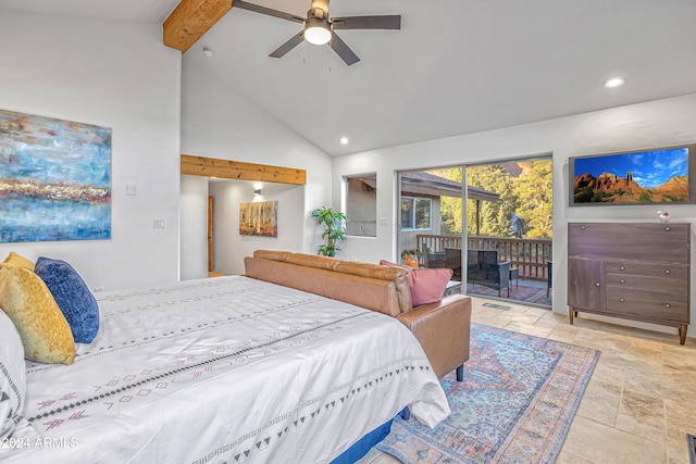 bedroom with access to exterior, high vaulted ceiling, ceiling fan, and beamed ceiling