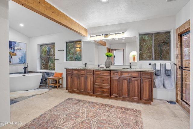 bathroom with tile patterned floors, a textured ceiling, vanity, lofted ceiling with beams, and plus walk in shower