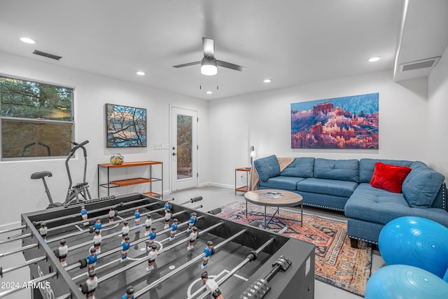 living room with ceiling fan