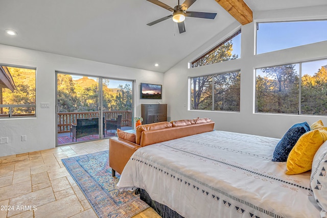 bedroom with multiple windows, beam ceiling, access to outside, and ceiling fan