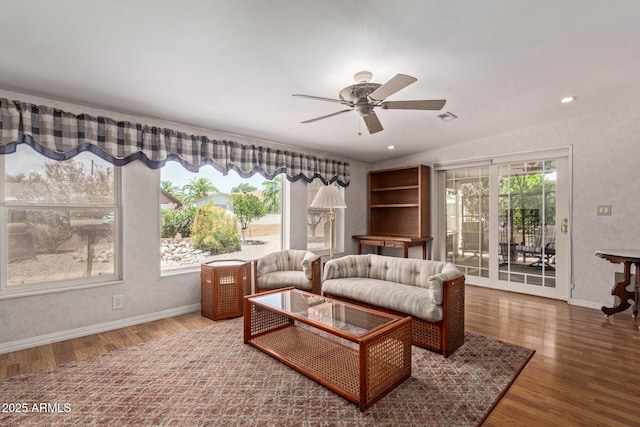 922 S 80th St, Mesa, AZ 85208 - living room featuring wood finished floors, a ceiling fan, baseboards, and recessed lighting