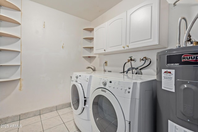 922 S 80th St, Mesa, AZ 85208 - washroom featuring water heater, washer and dryer, cabinet space, and light tile patterned flooring
