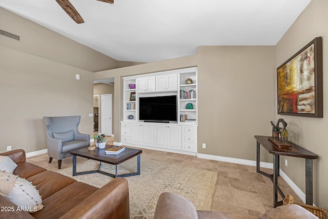 10623 E Acacia Dr, Scottsdale, AZ 85255 - living room with baseboards, ceiling fan, visible vents, and vaulted ceiling