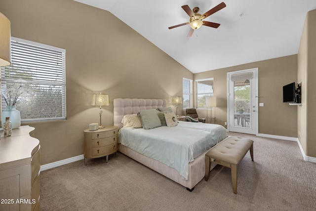 10623 E Acacia Dr, Scottsdale, AZ 85255 - bedroom featuring access to outside, light carpet, lofted ceiling, and baseboards