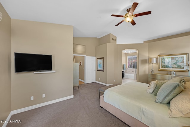 10623 E Acacia Dr, Scottsdale, AZ 85255 - bedroom featuring carpet, ensuite bathroom, visible vents, baseboards, and lofted ceiling